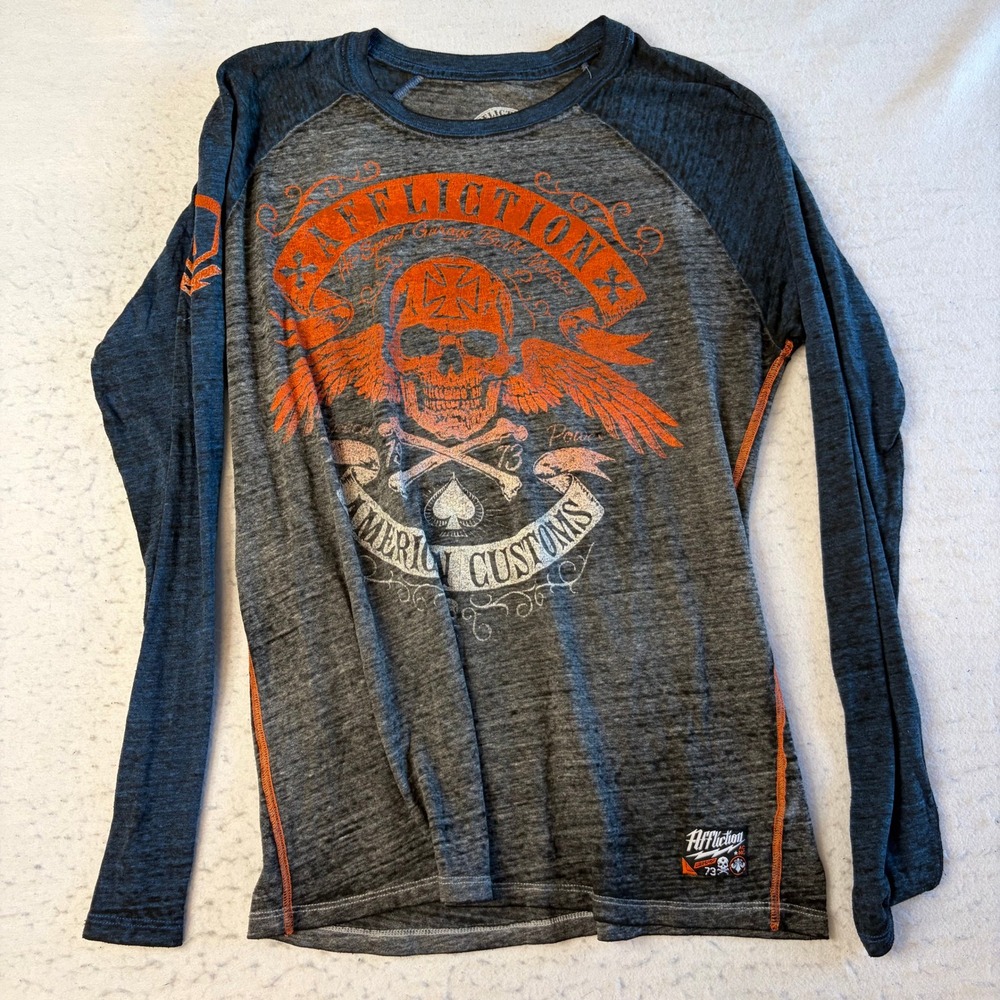 Affliction American Customs Long‎ Sleeve Shirt Gray Orange Skull Graphic Raglan